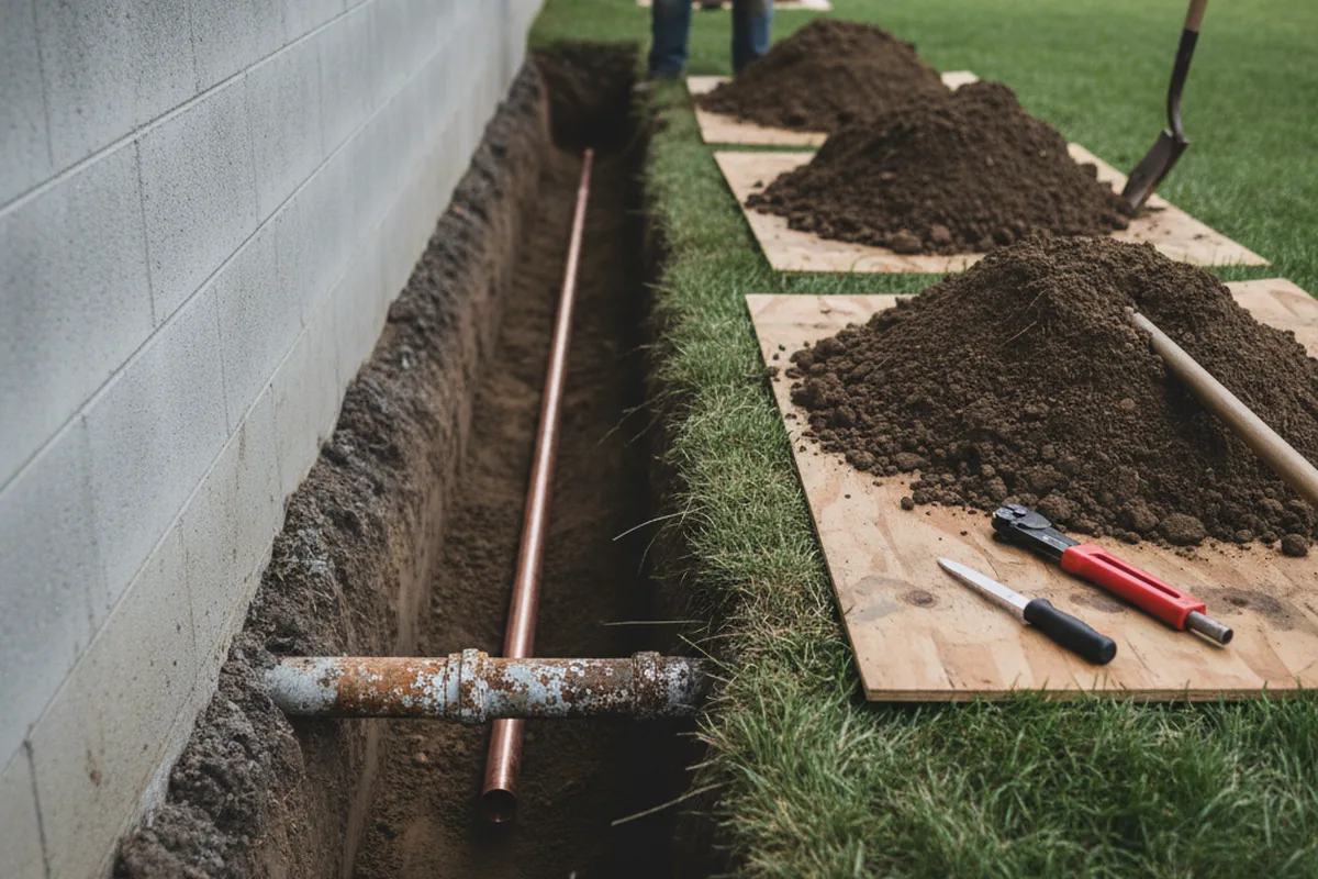Excavated water line trench during Water Softener Installation in Exeter